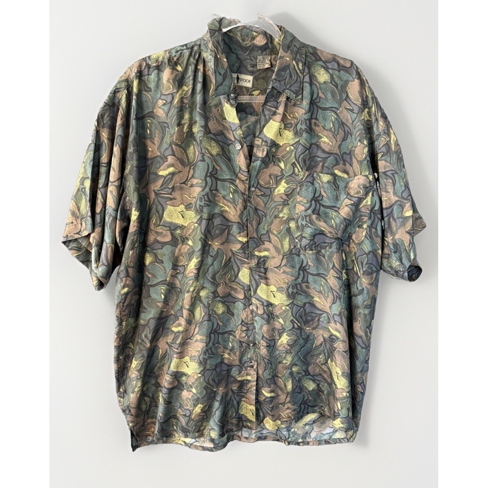 Vintage Robert Stock Abstract Tropical Floral Shirt Men's L Camo Green 100% Silk